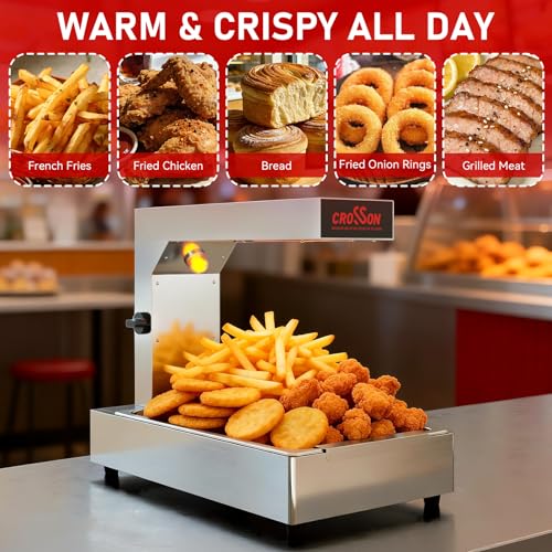 CROSSON French Fry Food Warmer, Commercial French Fry Heat Lamp Electric Stainless Steel Fries Dump Station Countertop 5-Level Adjustable Heating Duration for Food Truck Restaurant Parties 600W