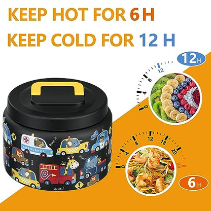 PIQUEBAR 8oz Kids Thermo for Hot Food,Small Lunch Thermo Food Container Stainless Steel,Easy Open Wide Mouth Thermo for Hot Cold Food for Preschool Travel - color: Black Animal Truck