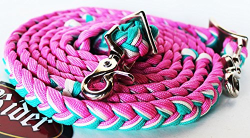 CHALLENGER Horse Western Nylon Braided 8 Ft. Knotted Roping Barrel Reins Purple Teal Orange 60737 - color: Turquoise / Pink / White