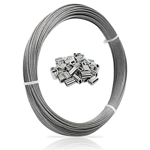 1/16 Wire Rope, 100FT 304 Stainless Steel Cable with 50Pcs Crimp Sleeves, Aircraft Grade, 7x7 Strand, 368lbs Breaking Strength, for Garden Trellis, Clothesline, Railing,Trellis - size: 100 ft
