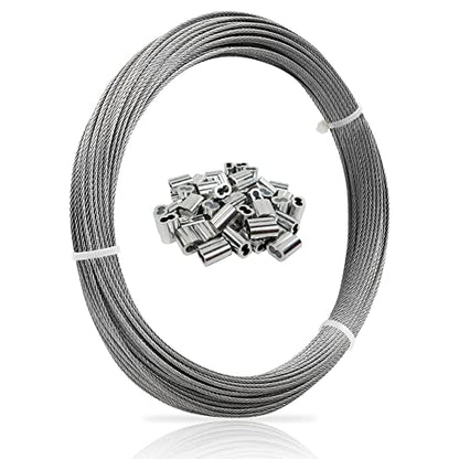 1/16 Wire Rope, 100FT 304 Stainless Steel Cable with 50Pcs Crimp Sleeves, Aircraft Grade, 7x7 Strand, 368lbs Breaking Strength, for Garden Trellis, Clothesline, Railing,Trellis - size: 100 ft