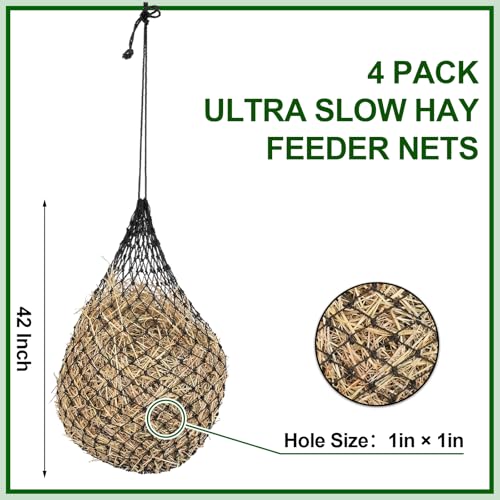Windyun 4 Pcs Deluxe Ultra Slow Hay Feeder Nets, 42" Length with 1" Feeding Holes, Horse Supplies Heavy-Duty Top Loading Black Horse Hay Bag for Goats Sheep Livestock Barn Farm Feeding Tack(Black) - color: Black