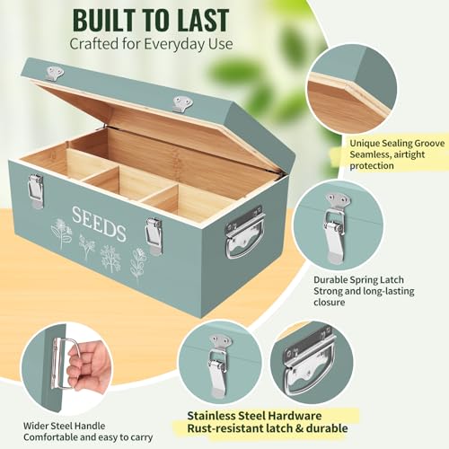 Large Bamboo Wood Seed Storage Organizer Box with Lid, Double-Layer Seal Design Seed Saving Box with 304 Stainless Steel Safety Lock, Handles, Extra Seed Envelopes and Labels, Great Gifts for Gardener - color: 2.Green(Large)