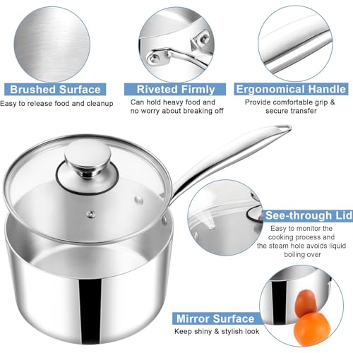 TeamFar 1qt Saucepan with Lid, Stainless Steel Tri-Ply Sauce Milk Pan - size: 1QT
