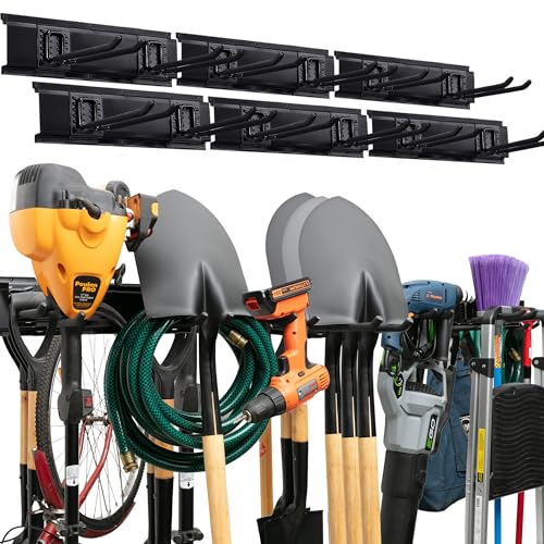 TIDYME Garage Tool Organizer Wall Mount, 96", 6 Racks 12 Hooks, 600 lbs | 600 lbs, anti-rust carbon steel, garden tool organizer & storage rack for garage organization, shovels, rakes & tools - size: 96" Carbon Steel with 6 Racks & 12 Hooks