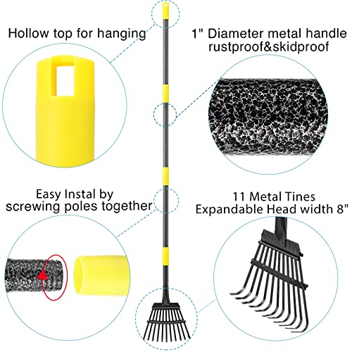 Oliynedy Leaf Rake for Gardening, Adjustable Metal Garden Rake for Leaves Long Handle 30-70", 11 Tines 9" Wide Small Lawn Collapsible Yard Adult Kids Rake for Camping Flower Beds Mulch Shrub - style: 30-70