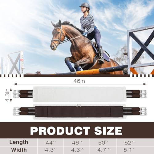 Brown English Girth for Horses Sizes 44-52 Inch Fleece Padded Dressage Girth for English Saddle, Horse Competitions Riding, Double Elastic and Stainless Steel Buckles - size: 46 Inch