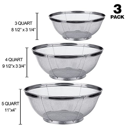 3 Pack Strainers for Kitchen, 18/8 Stainless Steel Colander, Fine Mesh Strainer for Pasta, Rice and Fruit, Sieve for Strain, Drain, Rinse or Steam (5-Quart, 4-Quart and 3-Quart)