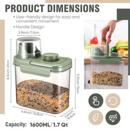 Maxdot 2 Pcs Bird Seed Storage Container 1.7 Qt/1.6 L with Tight Lids Airtight Cup Pet Food Storage Measuring Containers Lids with Pouring Spouts for Macaws African Grey Cockatoos(Green)