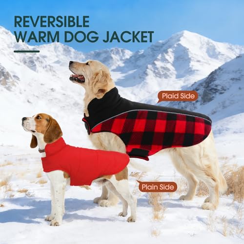 Kuoser Dog Winter Coat, Reversible Waterproof Dog Jacket with Leash Hole, Warm Dogs Fleece Vest Adjustable Doggy Cold Weather Clothes Plaid Christmas Outfit Pet Apparel for Extra Large Dogs, Red 3XL - color: Red, size: XXX-Large (Chest Girth: 35.4-43.3''