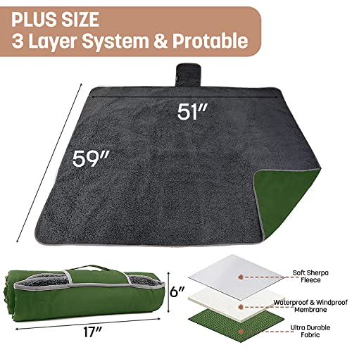 Tirrinia Waterproof Outdoor Blanket with Sherpa Lining, Windproof Foldable - color: Dark Green/Grey, size: 66” x 90”