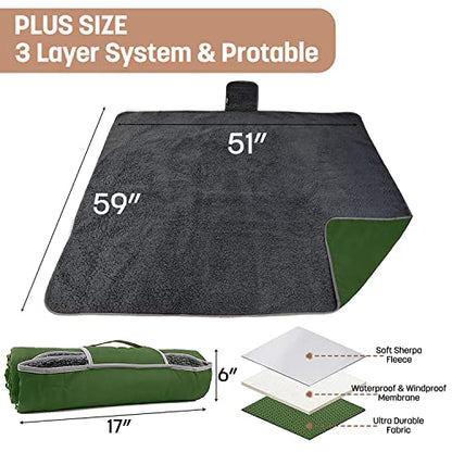 Tirrinia Waterproof Outdoor Blanket with Sherpa Lining, Windproof Foldable - color: Dark Green/Grey, size: 66” x 90”
