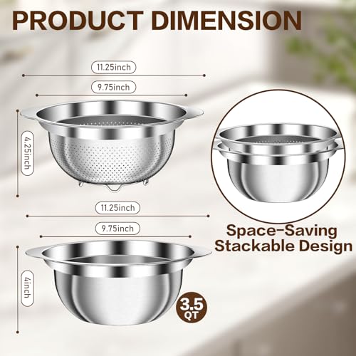 3.5QT Colander with Bowl, Rice Strainer, Stainless Steel Mixing Bowls with Strainer, Pasta Strainer, Colander for Kitchen for Rice Pasta Fruits Vegetables, Rice Cleaner Strainer, Dishwasher Safe - size: 3.5QT