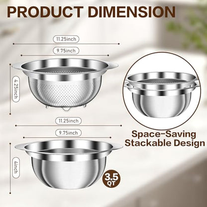3.5QT Colander with Bowl, Rice Strainer, Stainless Steel Mixing Bowls with Strainer, Pasta Strainer, Colander for Kitchen for Rice Pasta Fruits Vegetables, Rice Cleaner Strainer, Dishwasher Safe - size: 3.5QT