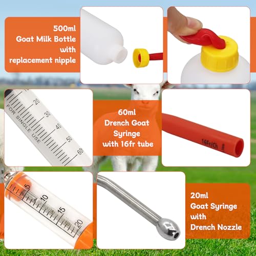14PCS Lamb and Goat Kid Feeding Tube Kit Included 2 500ml Lamb Feeding Bottles 5 Milk Nipples 2 60ml Syringe with 2 16fr Red Feeding Tube Kit,1 20ML Reusable Goat Syringe with 2 Drench Nozzle (14)