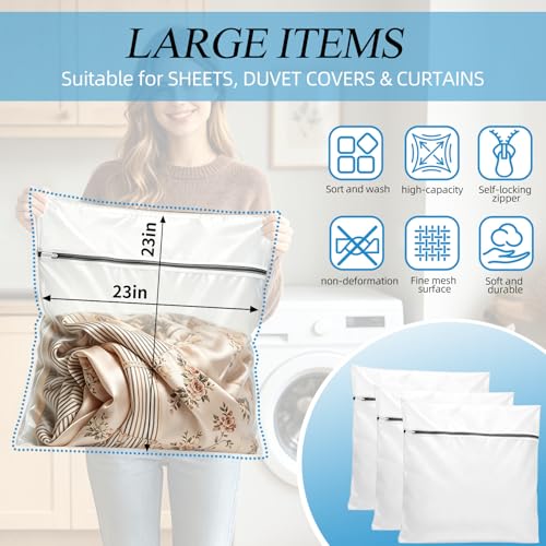 kinice Large Laundry Bag with Zipper Protective Cover, 3Pcs 23x23 Inches Garment Bag for Washing Machine, Mesh Laundry Bags for Delicates, Lingerie, Bras, Baby Clothes, Family College Dorm Essentials