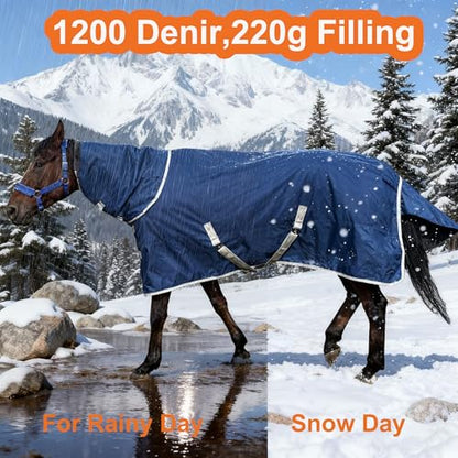 Horse Turnout Blanket, Medium Weight Winter Blanket for Horses, 220g Filling,1200 Denier Waterproof &Breathable/Detachable Neck Cover (Navy Blue, US81IN(EU155CM)) - size: US81IN(EU155CM)