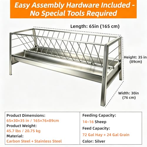 Livestock Hay Feeder, 96 Gallon 2-in-1 Hay Rack and Grain Trough, Stainless Steel Livestock Feeder, 65" Long Trough, Holds 72 Gal Hay + 24 Gal Grain, for Sheep Goats & Horses for Barns Pastures Farms.