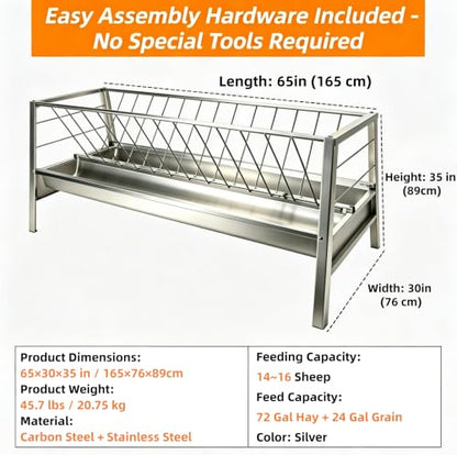 Pasture Hay Feeder 96 Gallon for Farms, 2-in-1 Hay Rack with Grain Trough, Stainless Steel Feeder, 65" Long Hay and Grain Feeder, for Goats, Sheep & Horses, for Barns, Pastures & Farm Use.