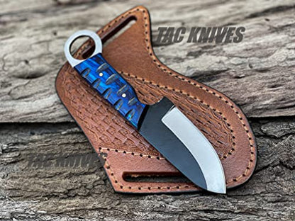 TAC KNIVES 7'' Full Tang Fixed Blade Outdoor Camping Hunting Knife In Sheath Gift For Him | 1095 High Carbon Steel Knife | SKINNER Gift | Cowboy knives | Pancake leather sheath (BLUE) - color: BLUE