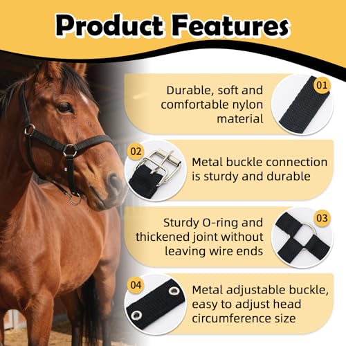 Adjustable Nylon Horse Halter & Matching Lead Set for Horses - color: BLACK