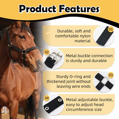 Adjustable Nylon Horse Halter & Matching Lead Set for Horses - color: BLACK