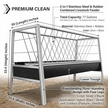 Livestock Trough 2 in 1 Hay Dispenser 55 Gallon with 22 Gallon Feeding Pan, Stainless Steel Hay Holder for Goats Sheep Calves Horses