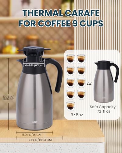GiNT 74Oz Thermal Coffee Carafe, Insulated Stainless Steel Coffee Carafes for Keeping Hot/Double Walled Vacuum Thermal Carafe (Silver, 2.2L) - color: Silver, size: 74.4 Ounces