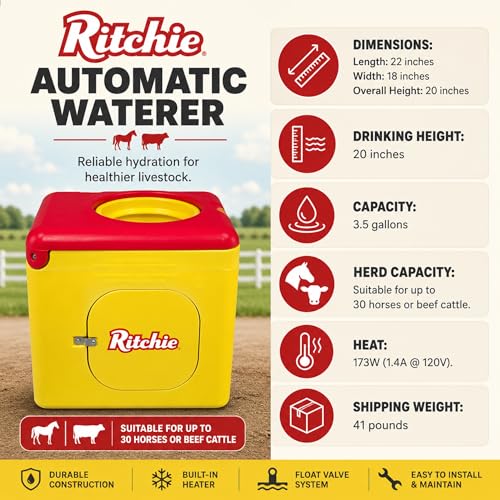 Ritchie EcoFount 1 Heated Automatic Livestock Waterer, Energy Efficient Insulated Water Fountain for Horses & Cattle, 3.5 Gallon Capacity, Stainless Steel Trough, Thermostatically Heated, Part 18430