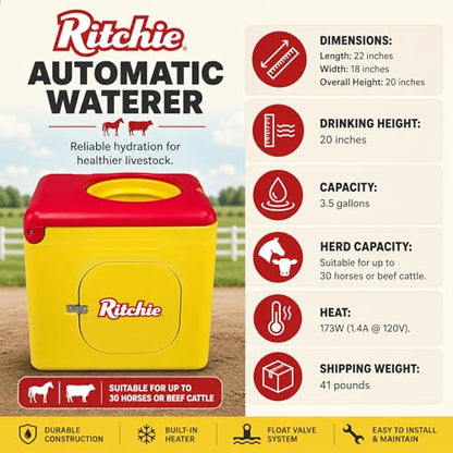 Ritchie EcoFount 1 Heated Automatic Livestock Waterer, Energy Efficient Insulated Water Fountain for Horses & Cattle, 3.5 Gallon Capacity, Stainless Steel Trough, Thermostatically Heated, Part 18430