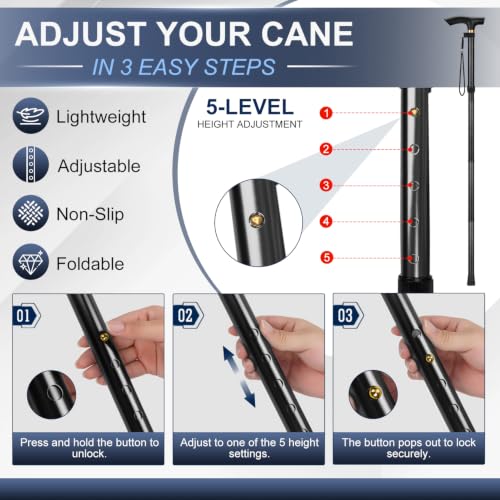 supregear Folding Cane, 5-Level Adjustable Height Walking Stick Lightweight Collapsible Portable Travel Cane with Wrist Strap and T Handle for Elderly Disabled Men Women - color: Black