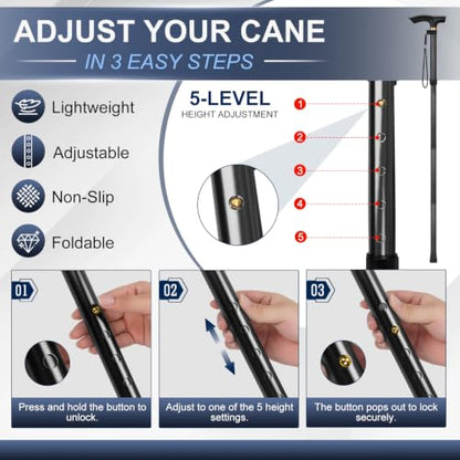 supregear Folding Cane, 5-Level Adjustable Height Walking Stick Lightweight Collapsible Portable Travel Cane with Wrist Strap and T Handle for Elderly Disabled Men Women - color: Black