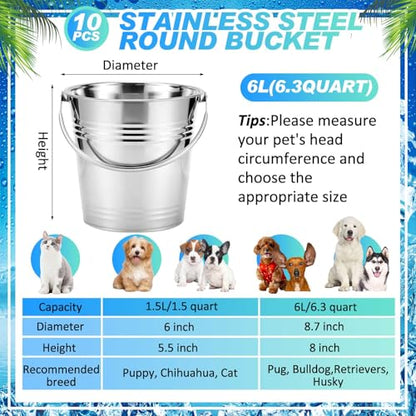 Hicarer 10 Pcs Dog Stainless Steel Bucket Heavy Duty Water Bucket for Dogs Metal Bucket with Handle Small Metal Pail for Pet Cat Puppy Food and Water Storage Milking Goats Small Animals (6.3 Quart)