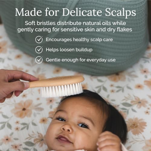 Natemia Wooden Baby Hair Brush & Comb Set - Natural Goat Hair Bristles & Soft Bristle Brush - Gentle Scalp Massage & Cradle Cap Comb - For Newborns & Toddlers, Baby Grooming Kit - size: 3 PC Set, Oval