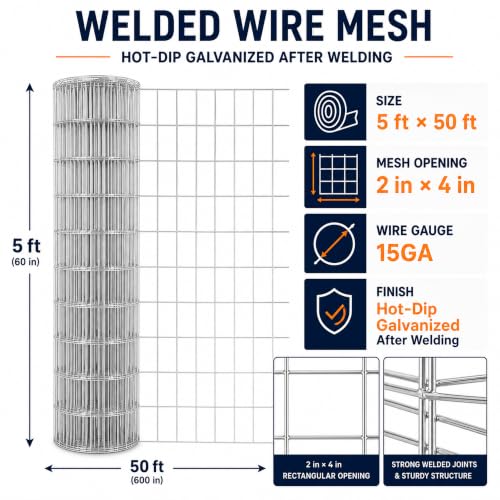 Welded Wire Mesh Fence 5ft x 50ft 2"x4" 15 Gauge Galvanized Wire Fence Roll | Heavy Duty Galvanized Wire fencing Roll for Garden Dog Pen Chicken Coop Livestock & Backyard Fencing Resistant Utility Fence - size: 2×4in 5'×50'