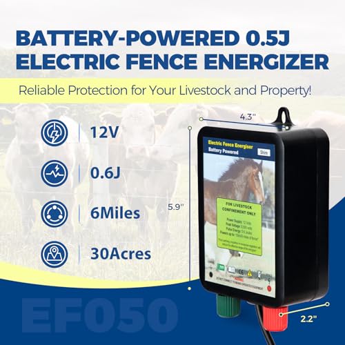 Andmon EF050 0.6 Joule Battery-Powered Electric Fence Energizer, 15miles/50acres Electric Fence for Dogs, High Power Low-Impedance Electric Fence for Secure Your Area with Confidence