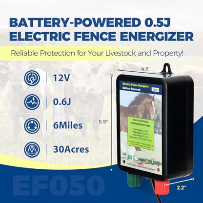 Andmon EF050 0.6 Joule Battery-Powered Electric Fence Energizer, 15miles/50acres Electric Fence for Dogs, High Power Low-Impedance Electric Fence for Secure Your Area with Confidence