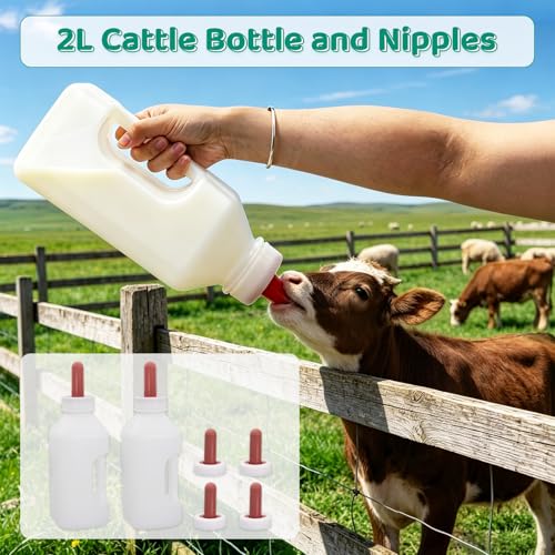 2 Pack Calf Bottle with Screw Nipple 2Quart Calf Milk Feeder Bottles& 4 Replacement Rubber Nipples & Cap,Calf Feeding Device with Hand Grip Handle Kid Livestock Nursing Feeding Bottles