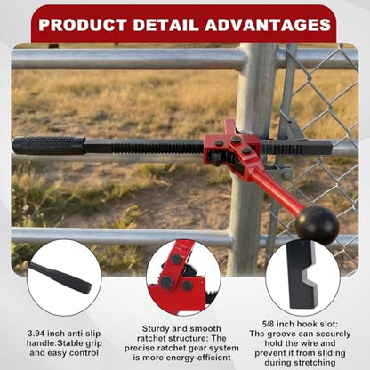 Chain Link Fence Stretcher Tool, Heavy-Duty Fence Puller Tensioner for Woven Wire, Barbed Wire Chain Link Fence with 5° Tilted Base, One-Person Operation for Farm, Ranch & Garden