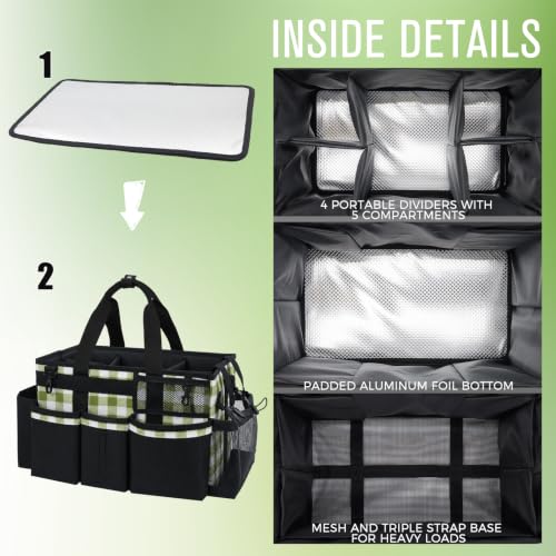 SCAVATA Wearable Cleaning Caddy, Cleaning Caddy Supplies Organizer with Handle & Shoulder Straps for Housekeepers, Under Sink & Car Cleaning Tool Organizers Bag with 4 Foldable Divider (GreenPlaid) - color: GreenPlaid