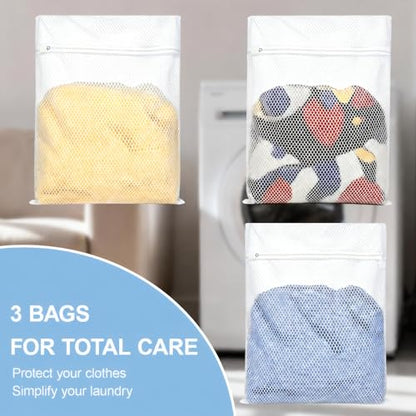 Honeycomb Mesh Laundry Bags 3 Pack (2XL+1L), Durable Washing Bags with Auto-Lock Zippers, Heavy Duty Mesh Wash Bags for Delicates, Lingerie, Bra, Sock, Travel Storage Organizer