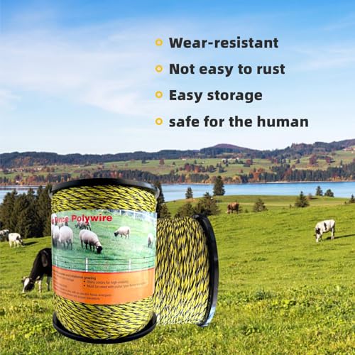 Upgraded Electric Fence Polywire 5050 Feet 1540 Meters, 6 Stainless Steel Strands for Reliable Conductivity and Rust Resistance, Easy to Install,Portable Electric Fencing,Yellow and Black Color