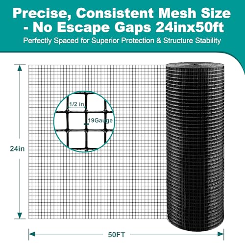 Chicken Wire Fencing Hardware Cloth 1/2inch 24inx50ft PVC Wire Mesh Vinyl Coated Fence Rust Resistant Welded Metal Roll for Outdoor Garden Plant Rabbit Cage Poultry Wire