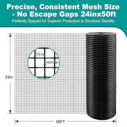 Chicken Wire Fencing Hardware Cloth 1/2inch 24inx50ft PVC Wire Mesh Vinyl Coated Fence Rust Resistant Welded Metal Roll for Outdoor Garden Plant Rabbit Cage Poultry Wire