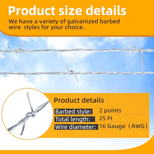 AggFencer 25ft Barbed Wire, 2 Point 16Ga Hot-Dip Galvanized Barb Wire Roll | Suitable for Crafts Fences, Fence for Critter Deterrent - size: 2-points 25ft 16ga