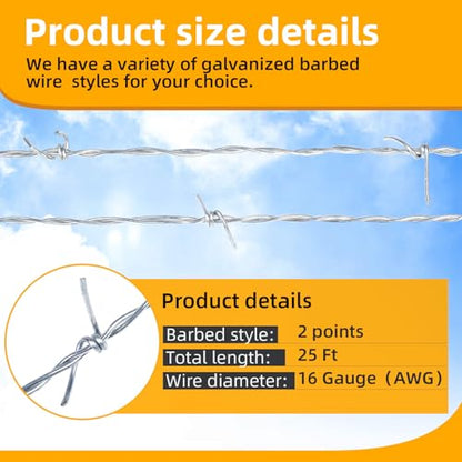 AggFencer 25ft Barbed Wire, 2 Point 16Ga Hot-Dip Galvanized Barb Wire Roll | Suitable for Crafts Fences, Fence for Critter Deterrent - size: 2-points 25ft 16ga