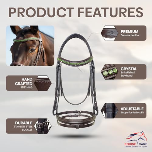 Equine Care English Horse Bridle with Reins, Padded, 6 Browband Styles - color: Havana Brown with Green Crystal