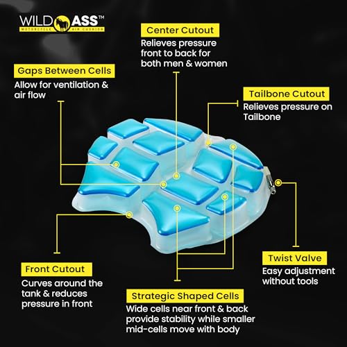 Wild Ass Smart Airgel - Motorcycle Seat Cushion, Ergonomic Universal Fitting Air Adjusting Pad with Straps - Ultimate Rider Comfort & Relief, Cool Flow Motorcycle Accessories for Long Rides - Black - style: Air Gel