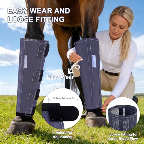 Fly Boots for Horses Set of 4, Loose Fitting Mesh Horse Fly Boots Leggings, Reduce-Stomping Adjustable Equine Leg Wraps & Socks, Stay Up Not Sag, No Rub (Black Blue) - color: Black Blue