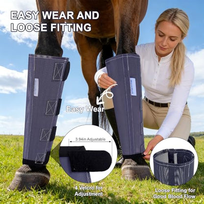 Fly Boots for Horses Set of 4, Loose Fitting Mesh Horse Fly Boots Leggings, Reduce-Stomping Adjustable Equine Leg Wraps & Socks, Stay Up Not Sag, No Rub (Black Blue) - color: Black Blue